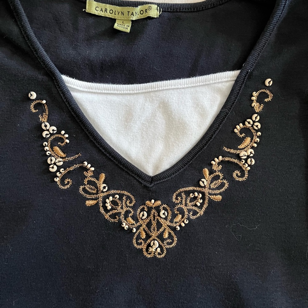 Carolyn Taylor Women's L 3/4 sleeve Black Layered Look shirt. Embroidered/beads - Picture 3 of 6